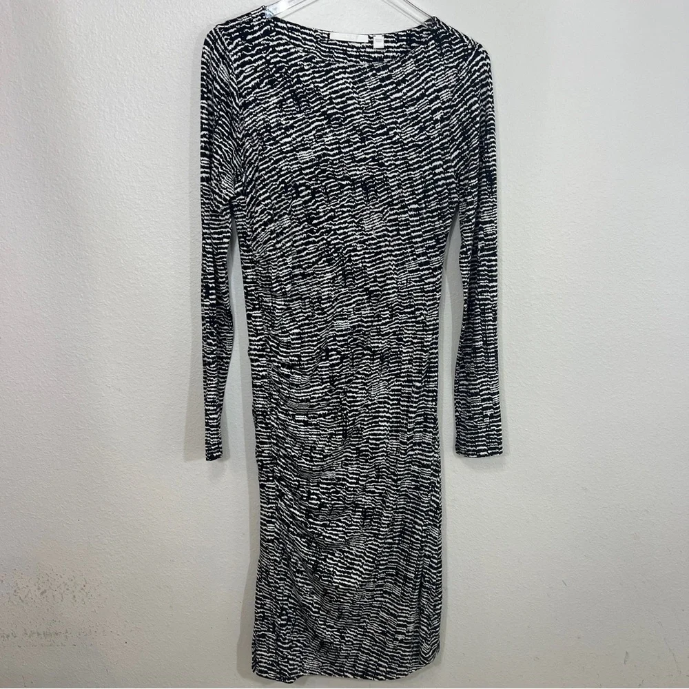 BOSS knit dress long sleeve ruched black and white print - Picture 2 of 10